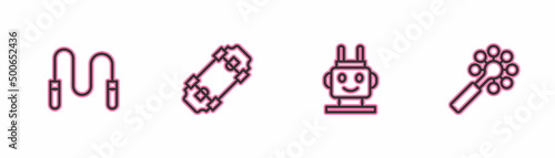 Set line Jump rope, Robot toy, Skateboard and Rattle baby icon. Vector