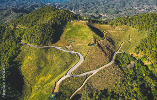 Aerial view of Thung Bua Tong Fields in Mae Hong Son, Thailand © pierrick