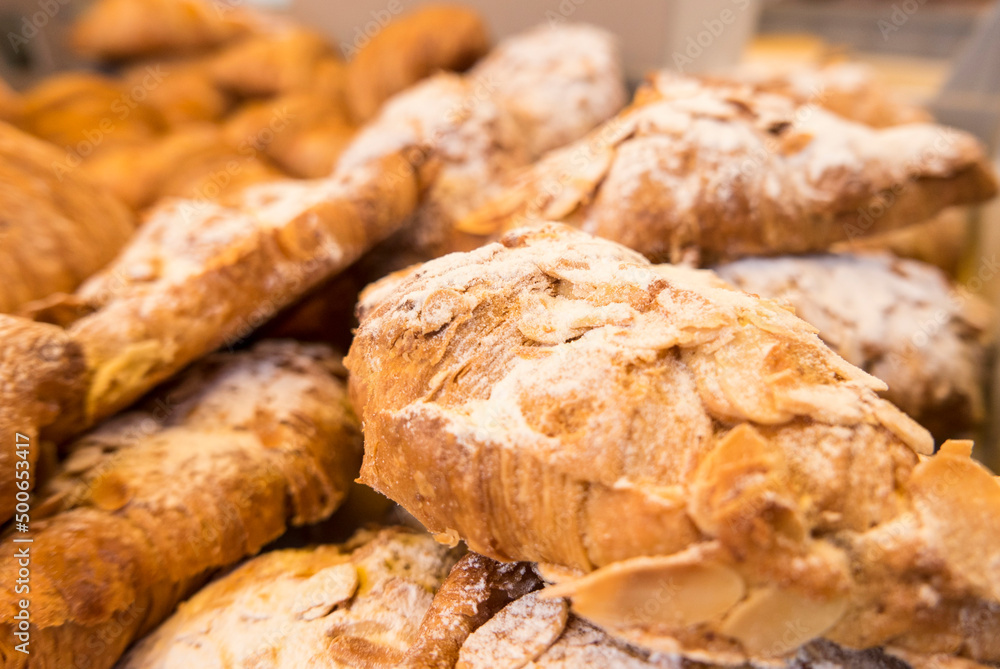 almond croissants at a farmers market almond croissants at a farmers market
