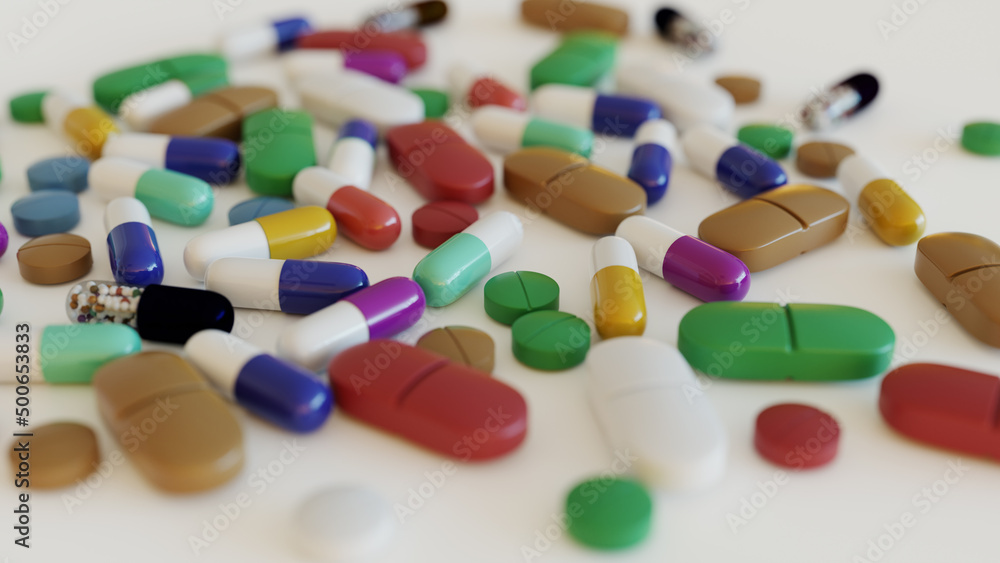various pills with white background