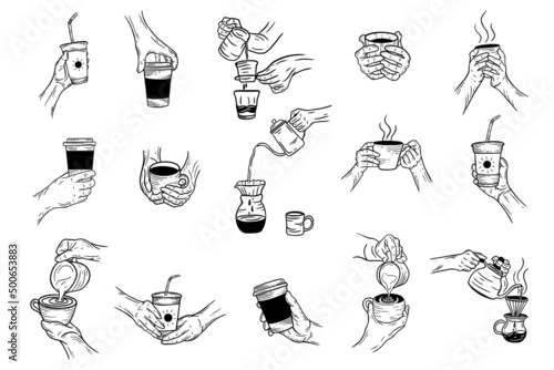Set Mega Collection Bundle Hand Drawn Hold Coffee Cream beverage Dessert Shop Glass Cup Menu Cafe Restaurants illustration