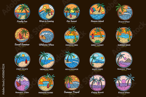 Set Bundle Mega Collection Summer Time Badges with Sunset and Wave Coconut Tree and Surf Beach paradise island heaven emblem illustration