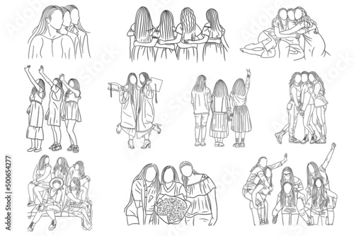 Set Mega Bundle Collection of Line Art Happy Women Girl Friendship Best friends illustration