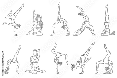Set Mega Collection Bundle of Women Yoga Pose Meditation Relaxing Line Art illustration