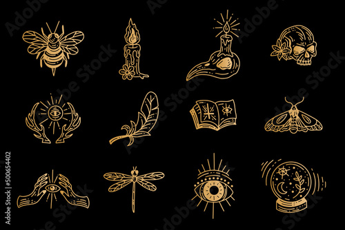 Set collection mystical celestial clipart symbol space doodle esoteric magic elements vintage illustration