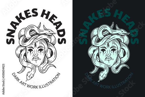 Set Medusa snake head dark illustration skull bones head hand drawn hatching outline style mystical celestial symbol tattoo merchandise t-shirt merch