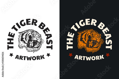 Set Tiger Beast dark illustration skull bones head hand drawn hatching outline style mystical celestial symbol tattoo merchandise t-shirt merch