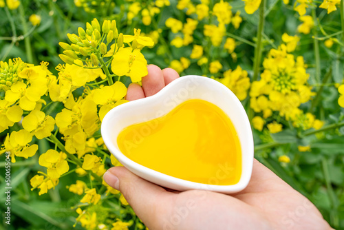 Hand holding a dish of golden rapeseed oil photo
