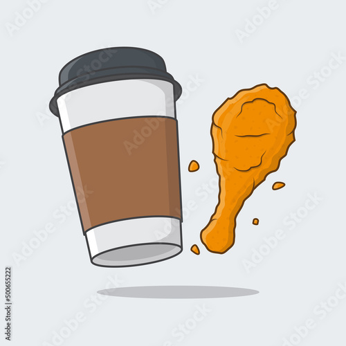 Fried Chicken And Disposable Coffee Cup Cartoon Vector Illustration. Coffee Cup And Fried Chicken Flat Icon Outline