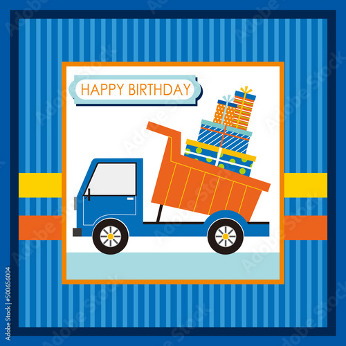 Happy birthday card design with truck and presents