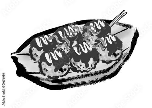 たこ焼の手描き和風イラスト　モノクロ