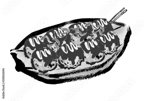 たこ焼の手描き和風イラスト　モノクロ