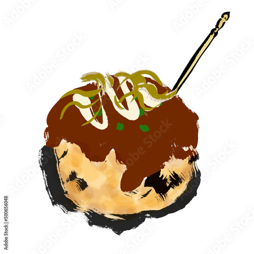 爪楊枝を刺したたこ焼1個の手描き和風イラスト