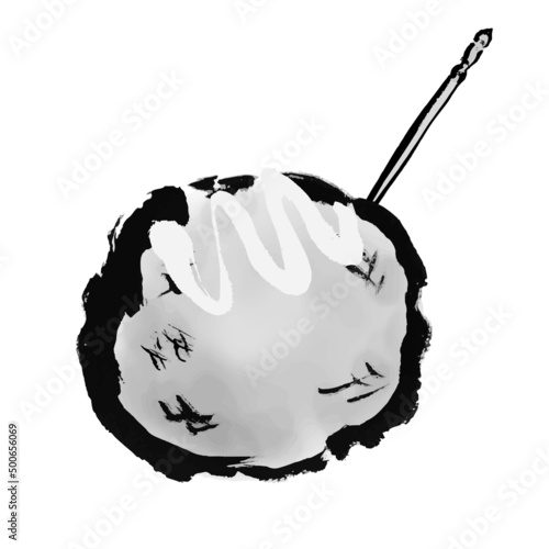 爪楊枝に刺したたこ焼1個の手描き和風イラスト　塩マヨネーズ　モノクロ