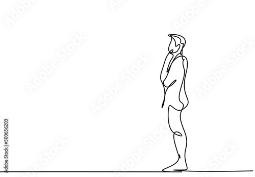 businessman in suit looking up and forward thinking putting hand on chin
