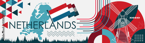 Netherlands national day banner design. Dutch flag and map theme with Amsterdam landmark background. Abstract geometric retro shapes of red and blue color. Holland Vector illustration. 