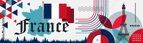 France national day banner design. French flag and map theme with Paris Eiffel tower background. Abstract geometric retro shapes of red and blue color. La France Presidential Elections. Travel Vector