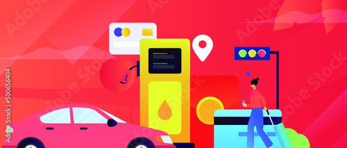 Refueling car with credit card vector creative concept illustration
