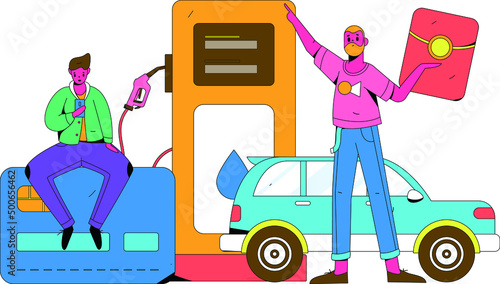 Refueling car with credit card vector creative concept illustration
