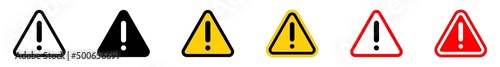 Exclamation mark on triangle sign. Warning icon set. Hazard warning attention sign. Isolated attention symbols on white background. Vector illustration.