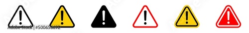 Exclamation mark on triangle sign. Warning icon set. Hazard warning attention sign. Isolated attention symbols on white background. Vector illustration.