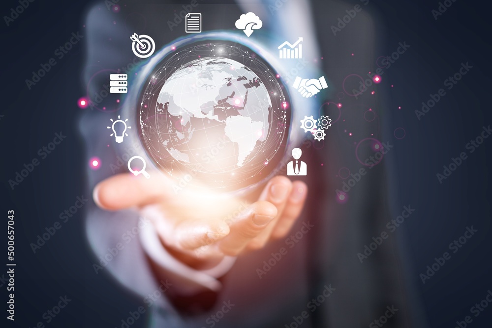 Business hand with digital table and virtual Global Internet connection icon. Business global technology and digital marketing. Business hand with digital table and virtual Global Internet connection icon. Business global technology and digital marketing.