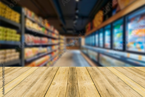 Table top counter with Blur Shelf display interior of Retail shop background