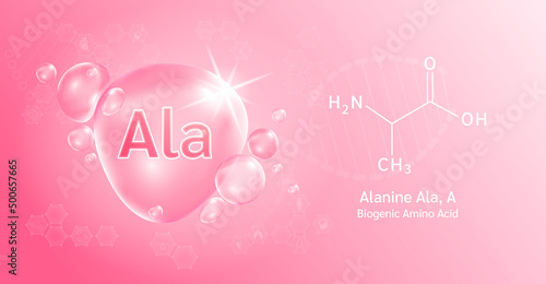 Water drop Important amino acid Alanine Ala, A and structural chemical formula. Alanine on a pink background. Medical and scientific concepts. 3D Vector Illustration.