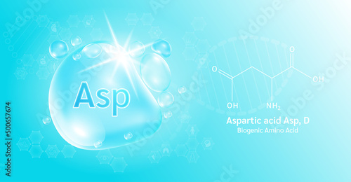 Water drop Important amino acid Aspartic acid Asp, D and structural chemical formula. Aspartic on a blue background. Medical and scientific concepts. 3D Vector Illustration.