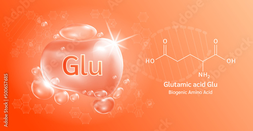 Water drop Important amino acid Glutamic acid Glu and structural chemical formula. Glutamic acid on a orange background. Medical and scientific concepts. 3D Vector Illustration.