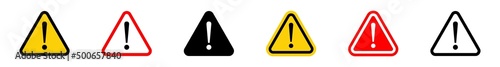 Exclamation mark on triangle sign. Warning icon set. Hazard warning attention sign. Isolated attention symbols on white background. Vector illustration.	