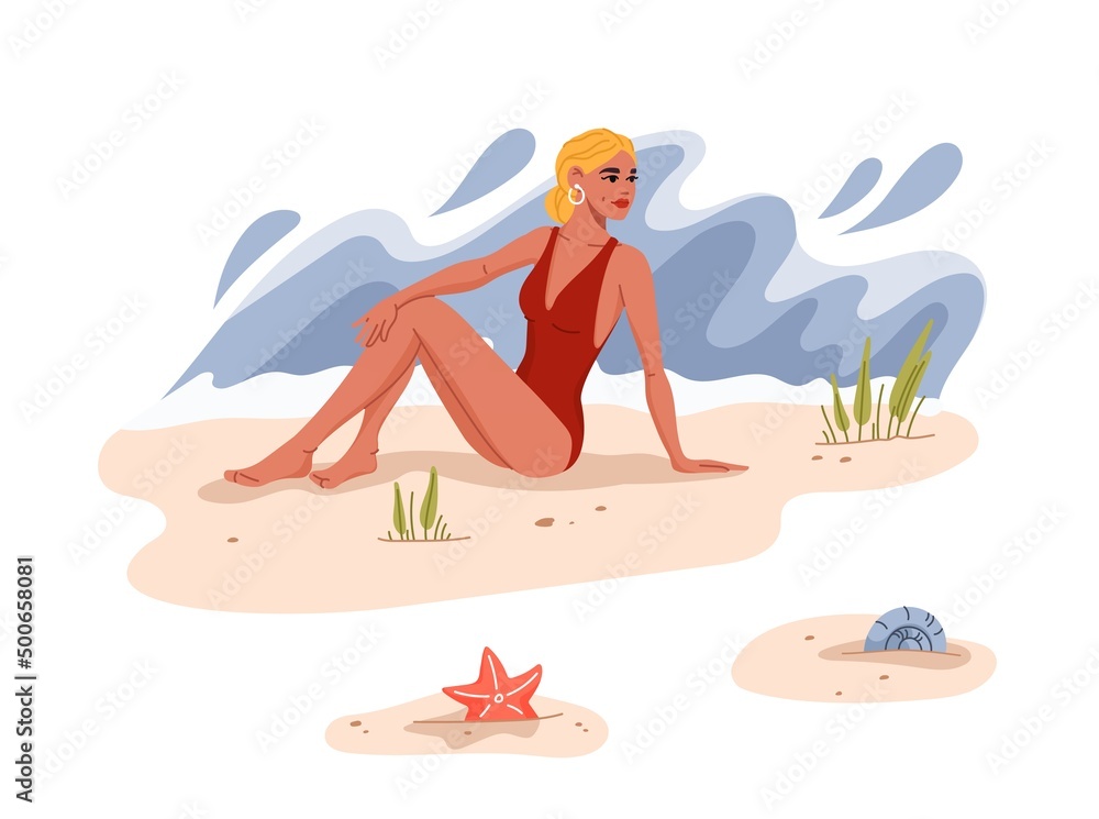 Pretty blond woman on beach sand, girl on summer vacation in bikini, vector sea travel. Retro illustration of blond woman on beach in swimsuit, lady relax under sun at seaside of tropical ocean