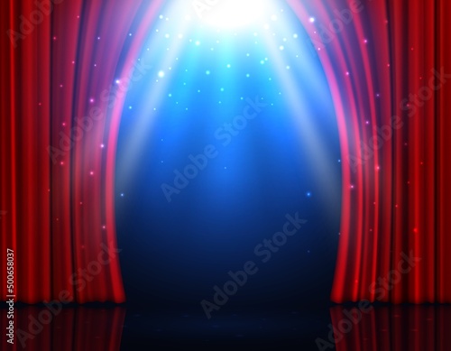 Realistic red curtains on stage, circus or theater and cinema show vector background. Concert stage with spotlight lights and open red velvet curtains, opera or magic theater scene with drapes