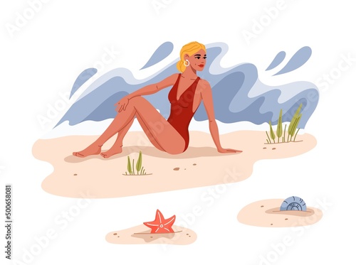 Pretty blond woman on beach sand, girl on summer vacation in bikini, vector sea travel. Retro illustration of blond woman on beach in swimsuit, lady relax under sun at seaside of tropical ocean