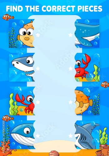 Cartoon funny underwater animals and fish, find a correct half game worksheet. Kids puzzle quiz, vector riddle of matching cute shark, whale, crab and pufferfish pictures on blue sea wave background