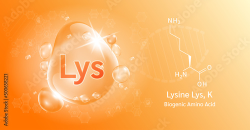 Water drop Important amino acid Lysine Lys, K and structural chemical formula. Lysine on a orange background. Medical and scientific concepts. 3D Vector Illustration. photo