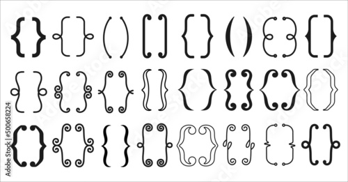 Parenthesis text brackets, round and square line frames, vector icons. Parenthesis borders, vintage doodle curly design of boarders and frame dividers, typography ornate decoration symbols