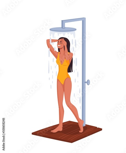 Girl washes under beach shower, summer vacations and seaside relax. Young woman under shower after sea and ocean or swimming pool, seaside resort sunbathing and summer beach relaxation