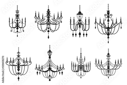 Chandelier silhouettes, crystal lamp lights black isolated vector icons. Vintage chandelier lamps or baroque interior candelabra with antique candlesticks, royal lampshades with candles