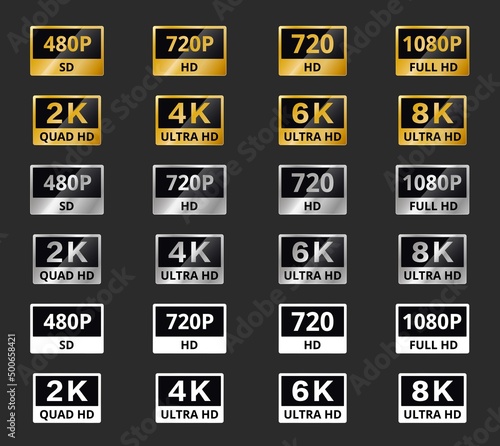 Video resolution icons, labels of 4K, 8K and 2K and Full Ultra HD, vector TV screen quality. Display format and video resolution of high definition 1080p, ultra HD or UHD, 480p SD and 720p or QUAD photo