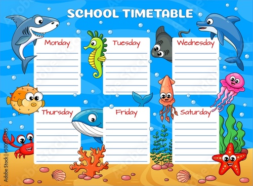 Education timetable schedule with underwater cartoon sea animals, vector school calendar. Children class week plan or lesson planner on blue ocean background with funny shark, crab, whale and squid