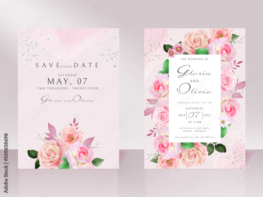 Beautiful wedding invitation with hand drawn pink rose design