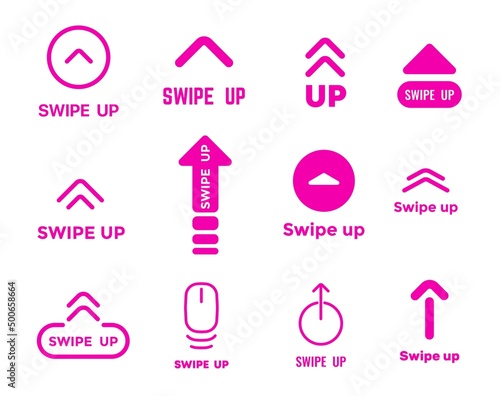 Swipe up icons and signs, arrow buttons for scroll and drag for social media, vector symbols. Mobile application interface buttons to swipe up, red pink flat line arrows for UI and UX app