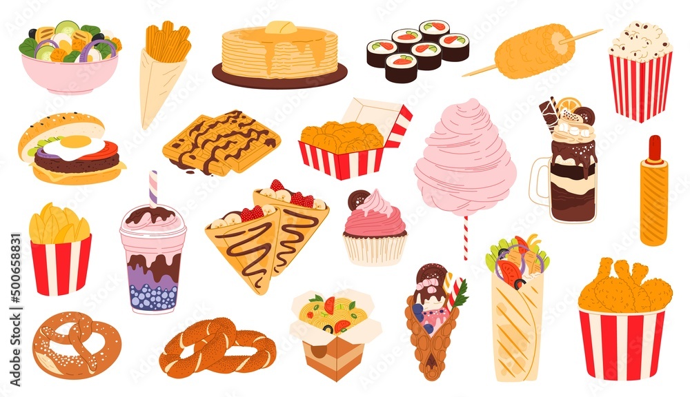 Fast food and desserts icons of cheeseburger, pizza and fastfood snacks. Fast food sweet chocolate donut, fried chicken nuggets and hot dog with pancakes and milkshake or salad and burrito sandwich