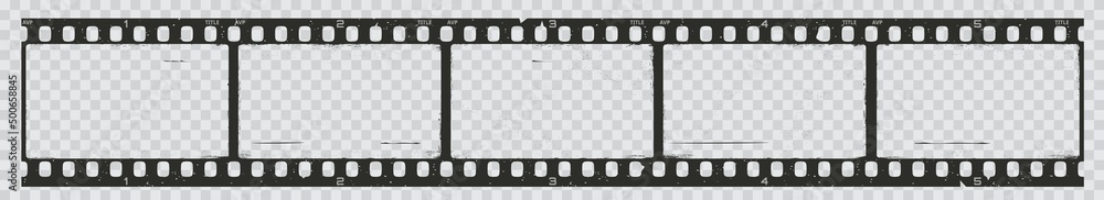 Old grunge movie film long strip, vintage filmstrip roll frame, vector photo background. Video or movie filmstrip overlay, cinema or photograph camera long film strip with transparent screen - obrazy, fototapety, plakaty 