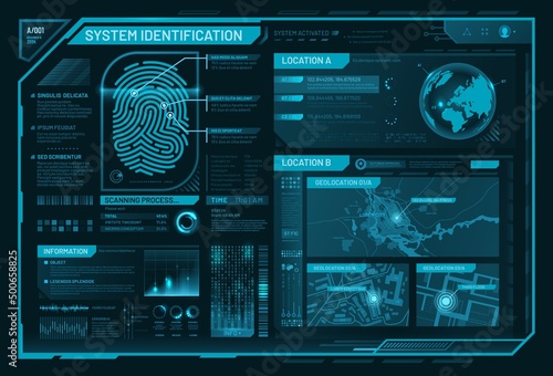 HUD biometric access control interface, fingerprint scanner for digital identification, vector futuristic technology. HUD face recognition and fingerprint scan for ID verification and security access