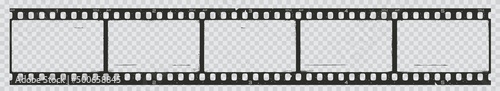 Old grunge movie film long strip, vintage filmstrip roll frame, vector photo background. Video or movie filmstrip overlay, cinema or photograph camera long film strip with transparent screen photo