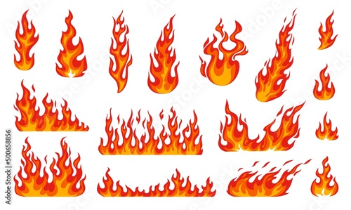 Cartoon fire flames, bonfire fire and burning fireballs, vector icons set. Red hot flames of campfire, wildfire firewall or burning torch heat, flammable symbols and burning effects of hell blaze