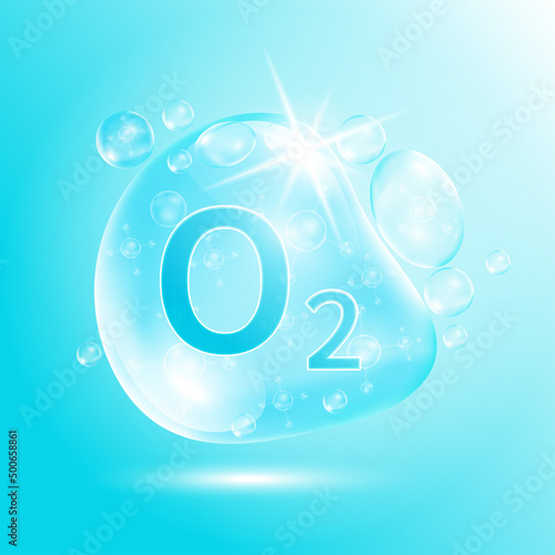 Drop water oxygen O2 molecule bubbles blue and chemical formulas. For decoration oxygen cosmetics. Ecology and biochemistry concept. on blue background. 3D Vector Illustration.