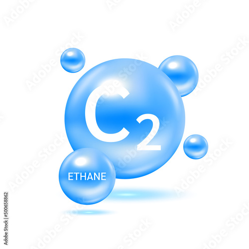 Ethane gas molecule models and Physical chemical formulas. Natural gas combustible gaseous fuel. Ecology and biochemistry science concept. Isolated on white background. 3D Vector Illustration.
